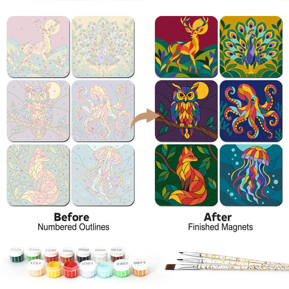Stained Glass Wild Menagerie fridge magnets – Six stained-glass style animals on dark grounds: stag, peacock, owl, octopus, fox and jellyfish