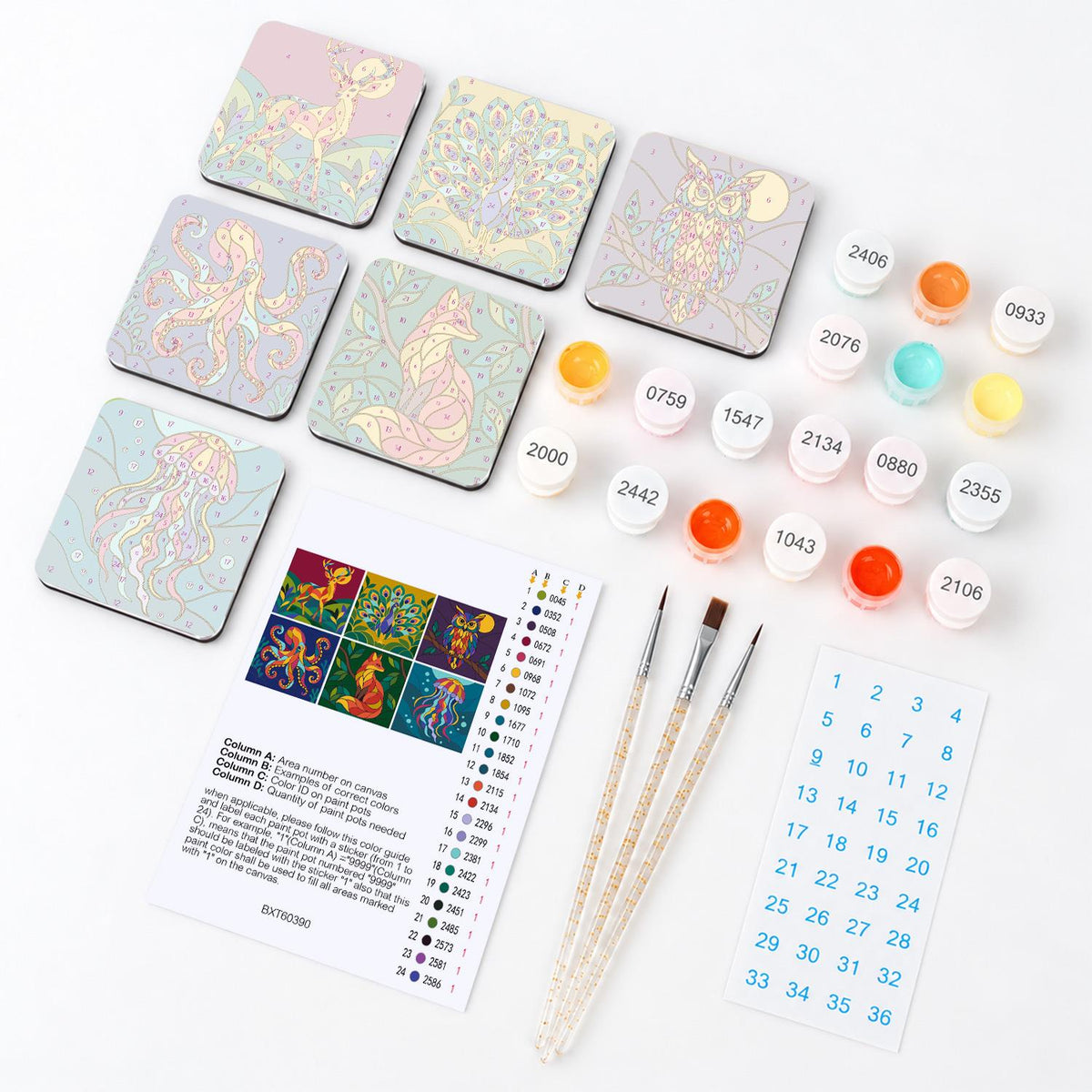 Stained Glass Wild Menagerie fridge magnets – what's in the kit: the 6 magnet tiles, numbered paints, brushes, layout sheet and stickers