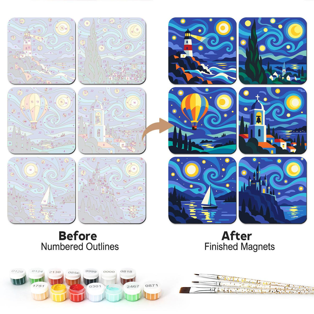 Swirling Night Sky Lighthouse fridge magnets – Six swirling starry night scenes: lighthouse, cypress village, hot air balloon, bell tower, sailboat and castle