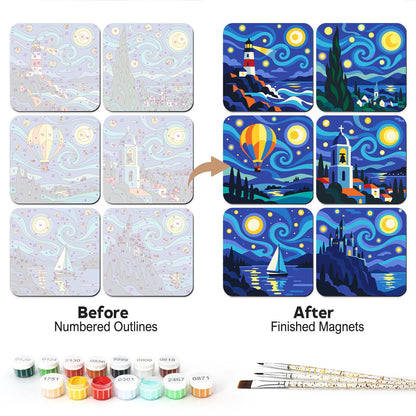 Swirling Night Sky Lighthouse fridge magnets – Six swirling starry night scenes: lighthouse, cypress village, hot air balloon, bell tower, sailboat and castle