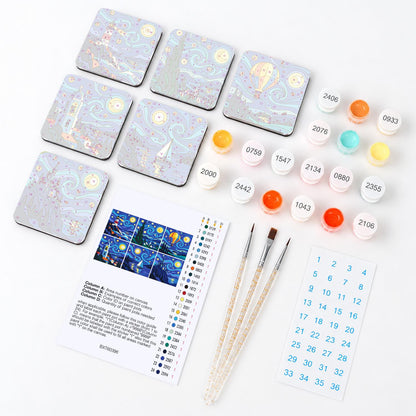 Swirling Night Sky Lighthouse fridge magnets – what's in the kit: the 6 magnet tiles, numbered paints, brushes, layout sheet and stickers