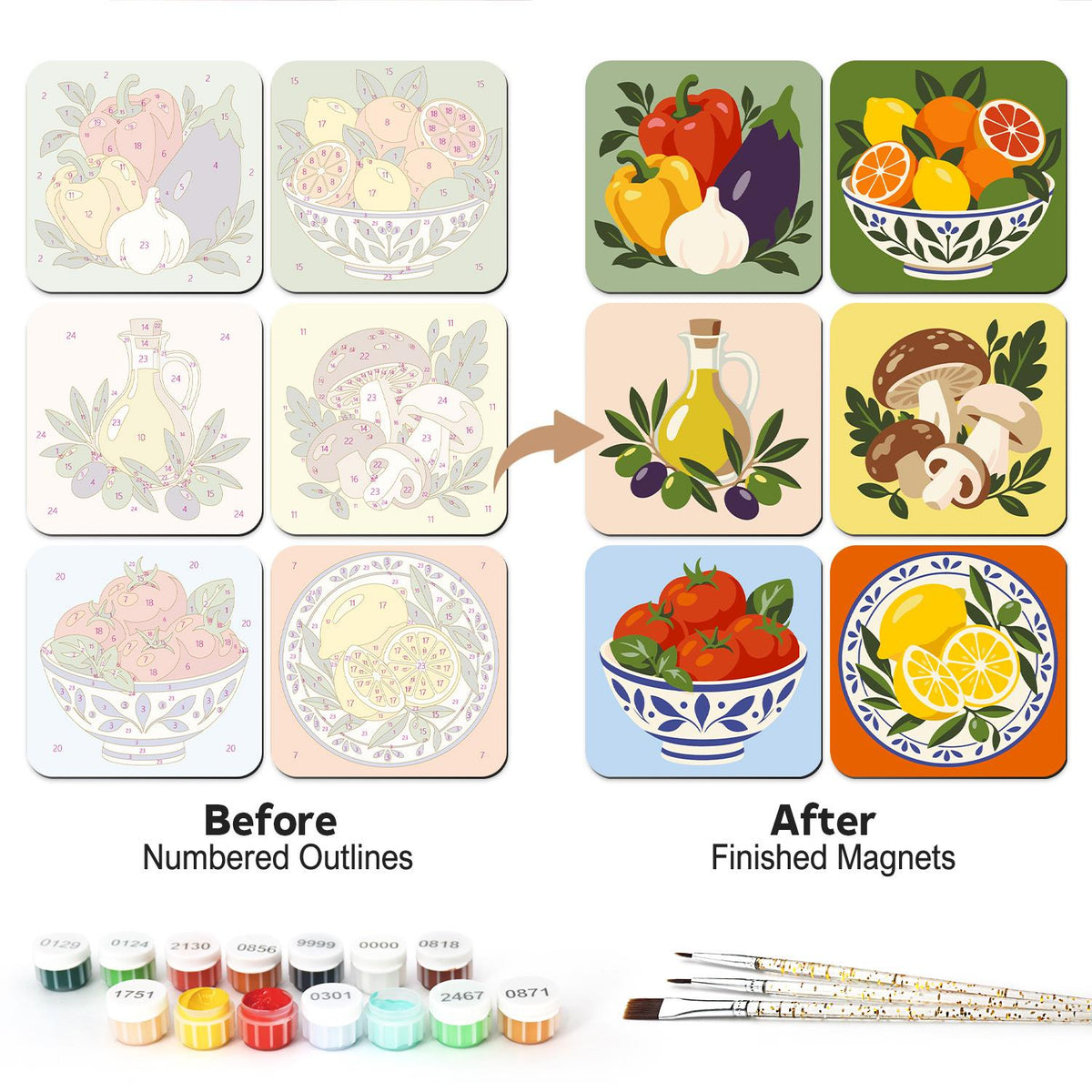 Mediterranean Market Bounty fridge magnets – Six Mediterranean food designs: peppers and aubergine, oranges, olive oil, mushrooms, tomatoes and lemons