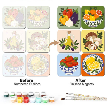 Mediterranean Market Bounty fridge magnets – Six Mediterranean food designs: peppers and aubergine, oranges, olive oil, mushrooms, tomatoes and lemons