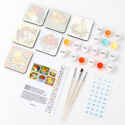 Mediterranean Market Bounty fridge magnets – what's in the kit: the 6 magnet tiles, numbered paints, brushes, layout sheet and stickers
