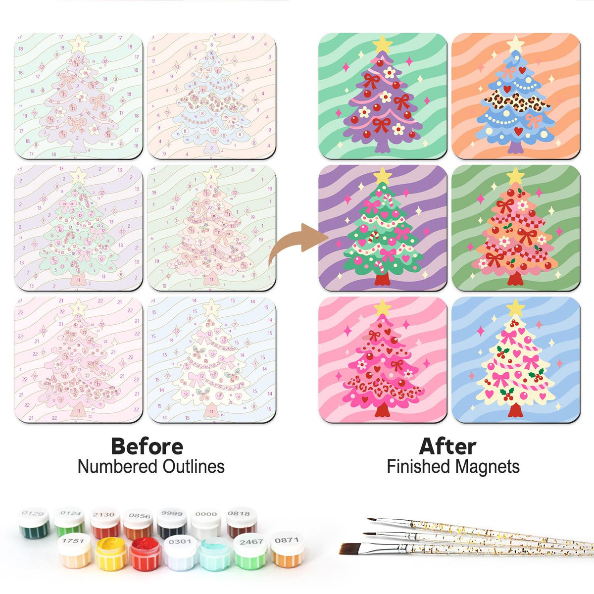 Candy Swirl Christmas Trees fridge magnets – Six pastel Christmas trees with bows and baubles on wavy candy-striped backgrounds