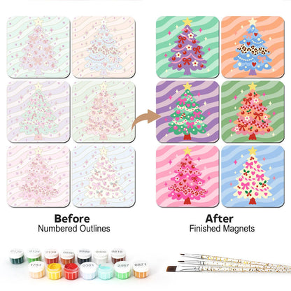 Candy Swirl Christmas Trees fridge magnets – Six pastel Christmas trees with bows and baubles on wavy candy-striped backgrounds