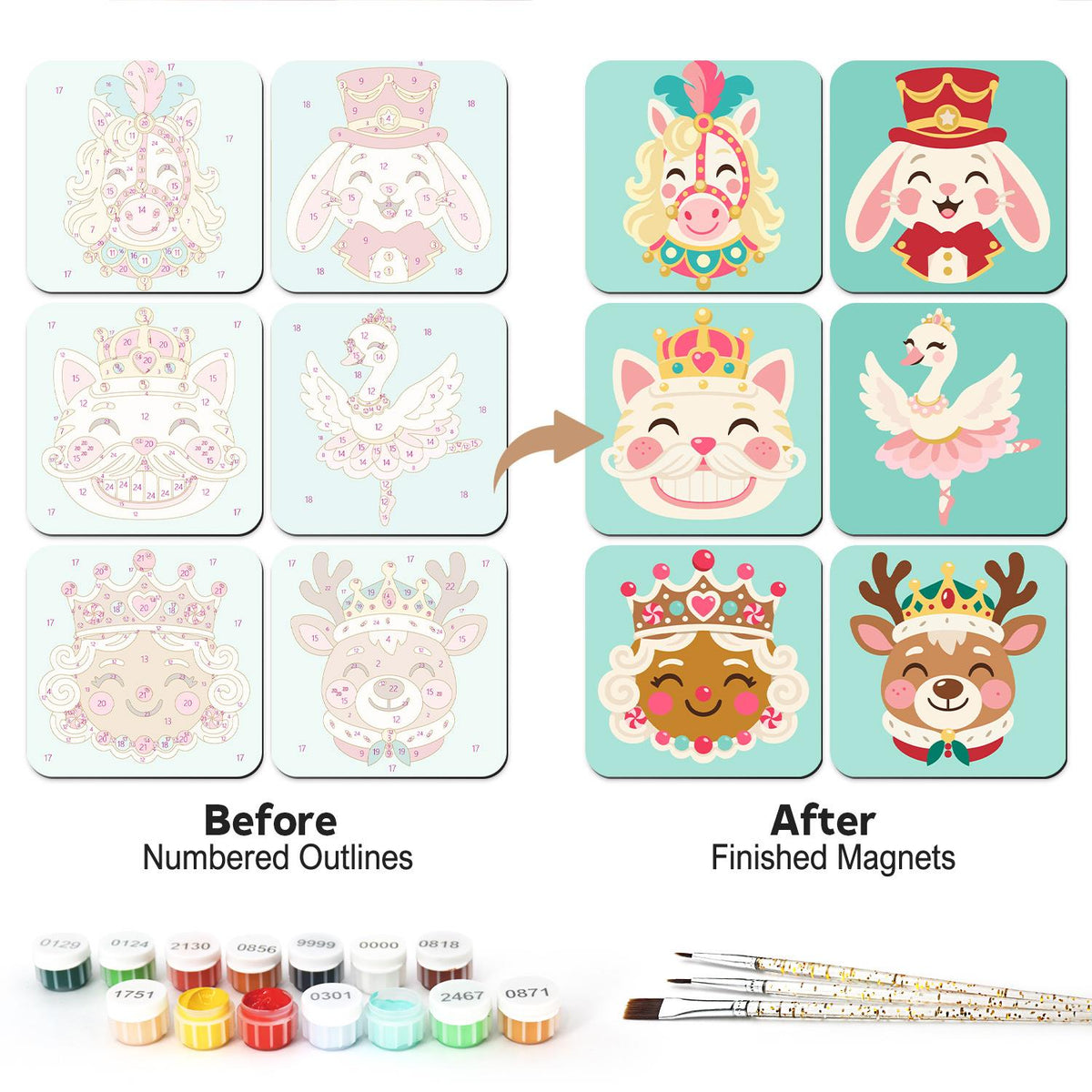 Sugar Plum Nutcracker Pals fridge magnets – Six pastel festive characters: plumed pony, soldier bunny, crowned cat, swan ballerina, gingerbread and reindeer