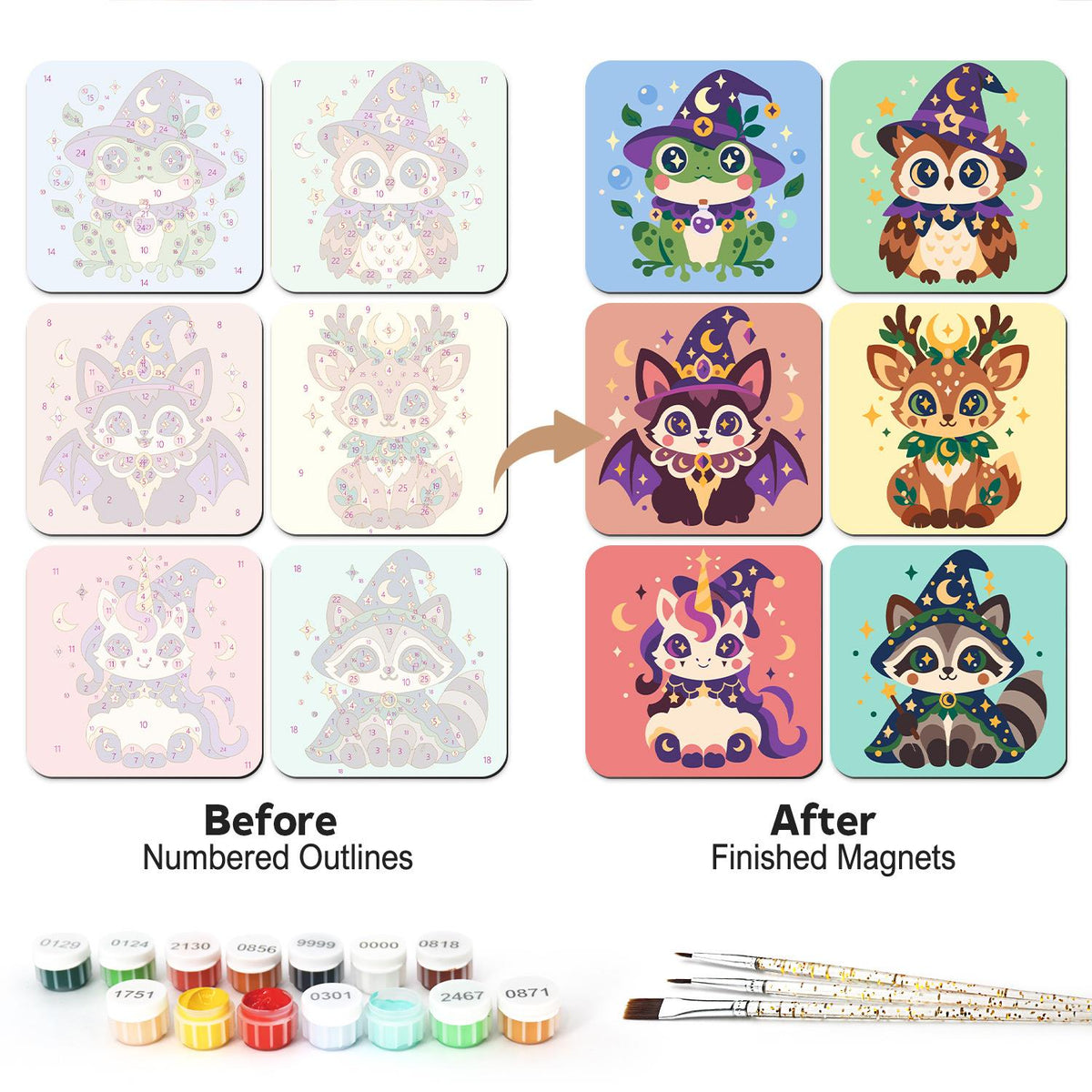 Starry Hat Wizard Critters fridge magnets – Six animals in starry wizard hats: frog, owl, bat-winged cat, antlered fawn, unicorn and raccoon