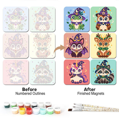 Starry Hat Wizard Critters fridge magnets – Six animals in starry wizard hats: frog, owl, bat-winged cat, antlered fawn, unicorn and raccoon