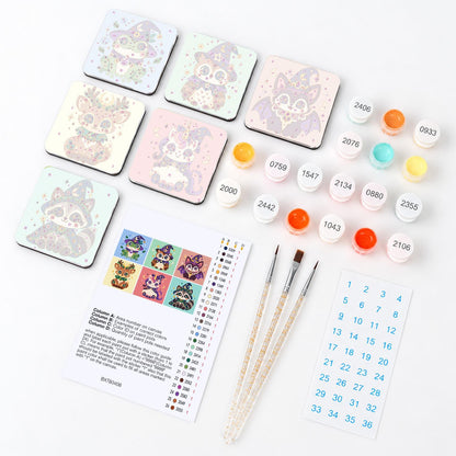 Starry Hat Wizard Critters fridge magnets – what's in the kit: the 6 magnet tiles, numbered paints, brushes, layout sheet and stickers