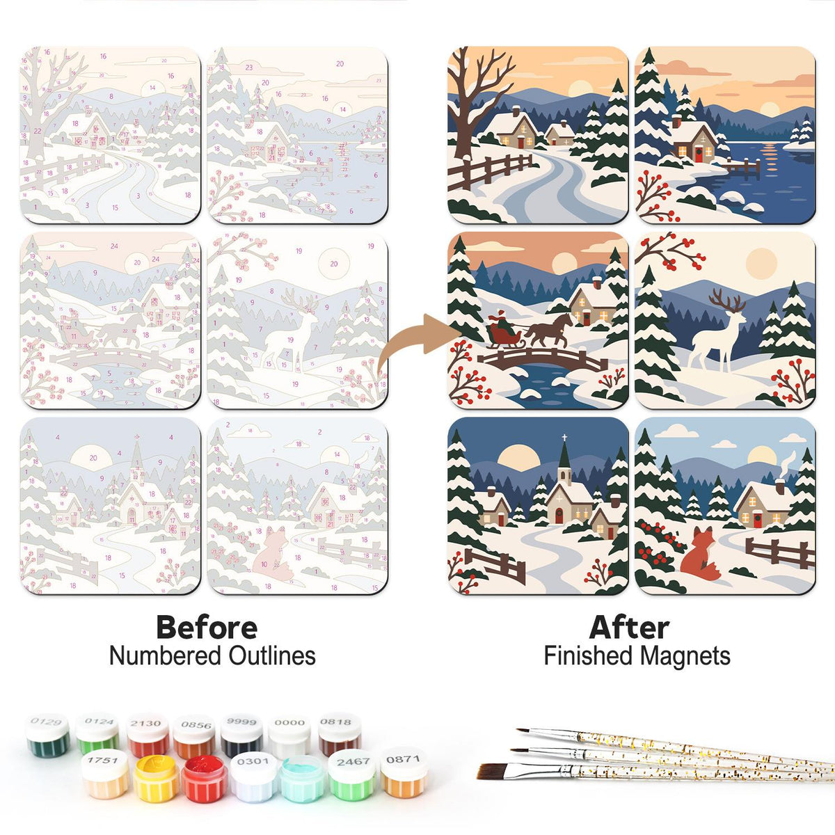 Snowbound Village Sleigh Ride fridge magnets – Six snowy country scenes: village lane, lakeside cabin, horse sleigh, white stag, moonlit church and fox