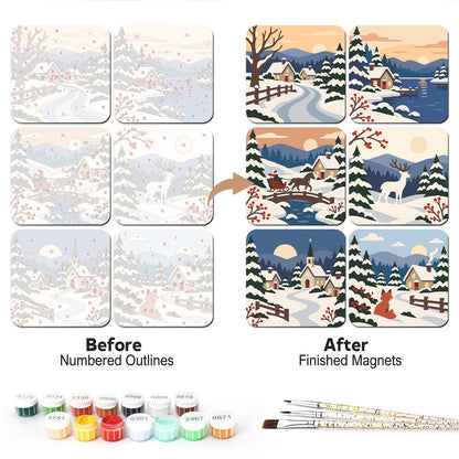 Snowbound Village Sleigh Ride fridge magnets – Six snowy country scenes: village lane, lakeside cabin, horse sleigh, white stag, moonlit church and fox