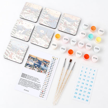 Snowbound Village Sleigh Ride fridge magnets – what's in the kit: the 6 magnet tiles, numbered paints, brushes, layout sheet and stickers