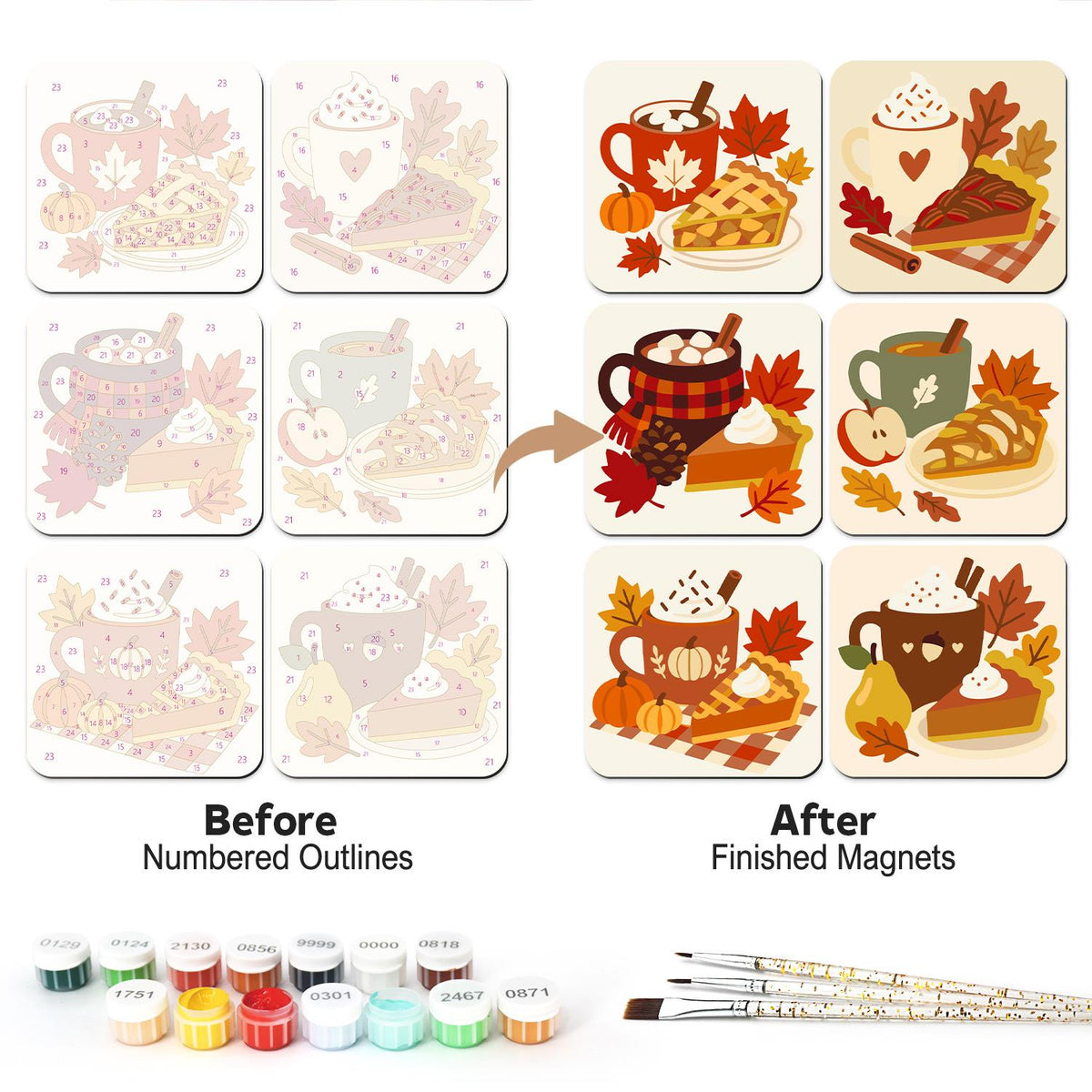 Pumpkin Pie and Cocoa Season fridge magnets – Six autumn mugs of cocoa and latte with slices of apple, pecan and pumpkin pie among fall leaves