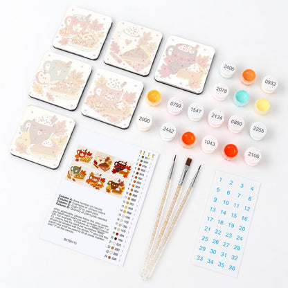 Pumpkin Pie and Cocoa Season fridge magnets – what's in the kit: the 6 magnet tiles, numbered paints, brushes, layout sheet and stickers