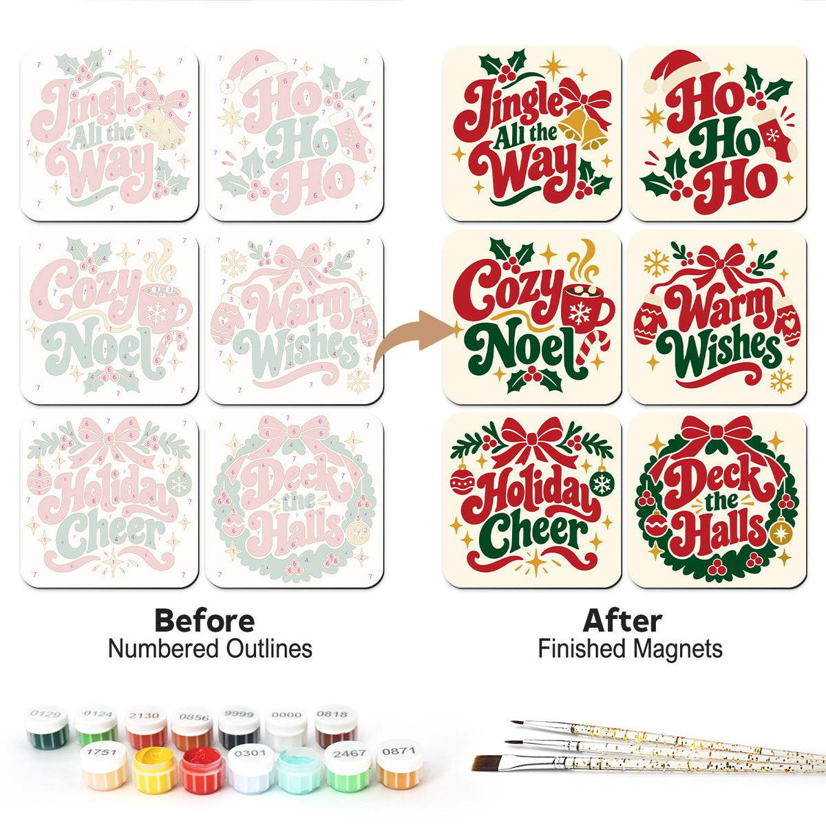 Red Script Yuletide Sayings fridge magnets – Six script greetings: Jingle All the Way, Ho Ho Ho, Cozy Noel, Warm Wishes, Holiday Cheer, Deck the Halls