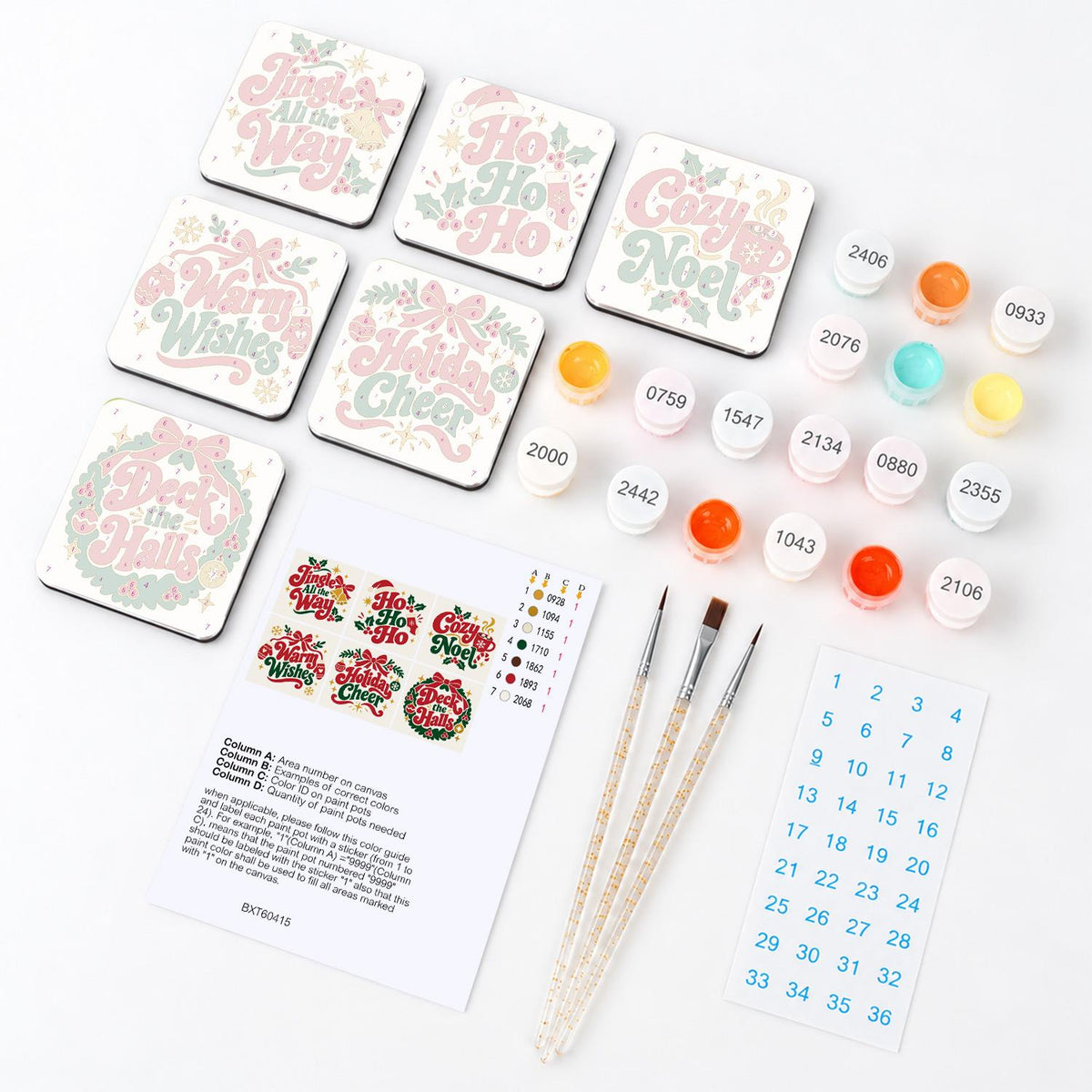 Red Script Yuletide Sayings fridge magnets – what's in the kit: the 6 magnet tiles, numbered paints, brushes, layout sheet and stickers