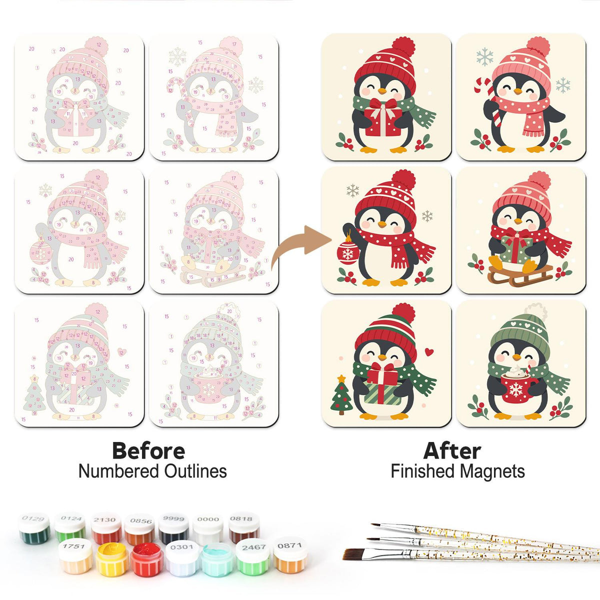 Bobble Hat Penguin Parade fridge magnets – Six penguins in red, pink and green bobble hats and scarves with gifts, cocoa, a sled and a tree