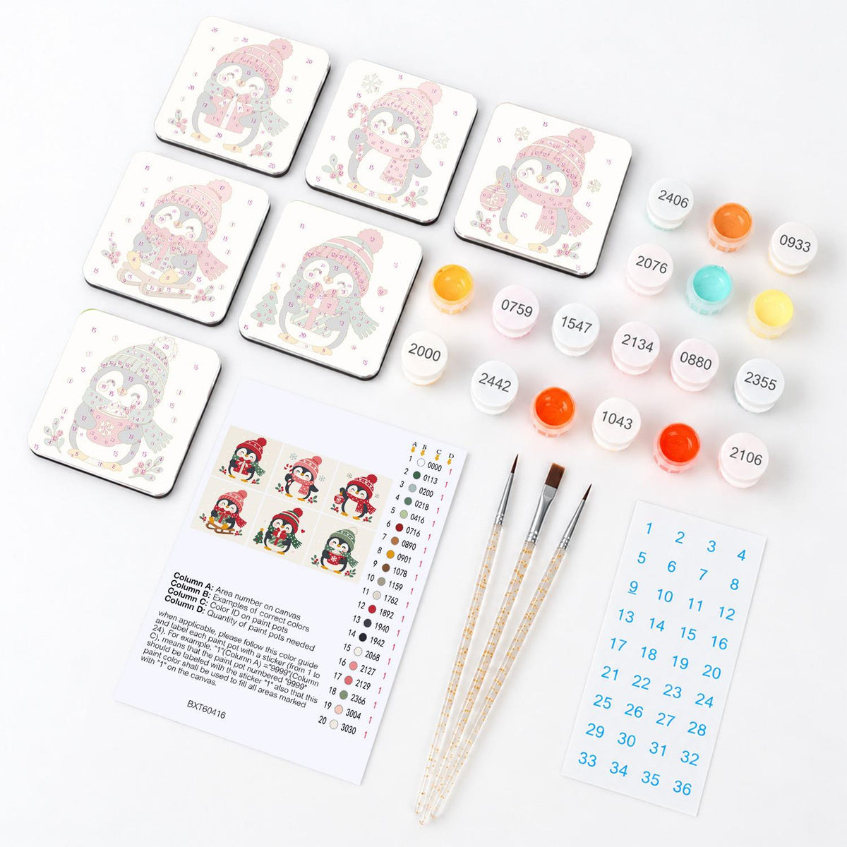 Bobble Hat Penguin Parade fridge magnets – what's in the kit: the 6 magnet tiles, numbered paints, brushes, layout sheet and stickers