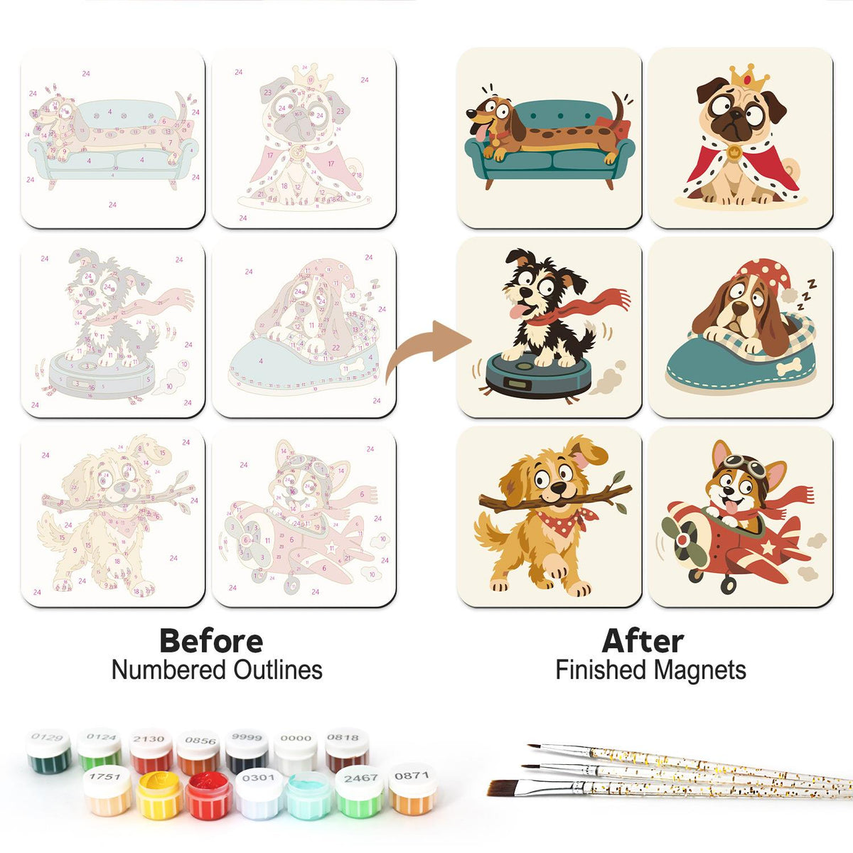 Mischievous Dog Daydreams fridge magnets – Six funny dogs: dachshund on a sofa, crowned pug, pup on a robot vacuum, sleepy basset, retriever and pilot pup