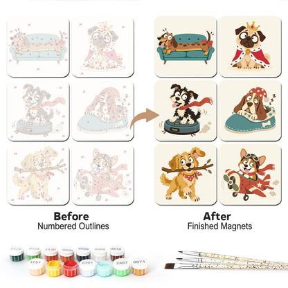 Mischievous Dog Daydreams fridge magnets – Six funny dogs: dachshund on a sofa, crowned pug, pup on a robot vacuum, sleepy basset, retriever and pilot pup