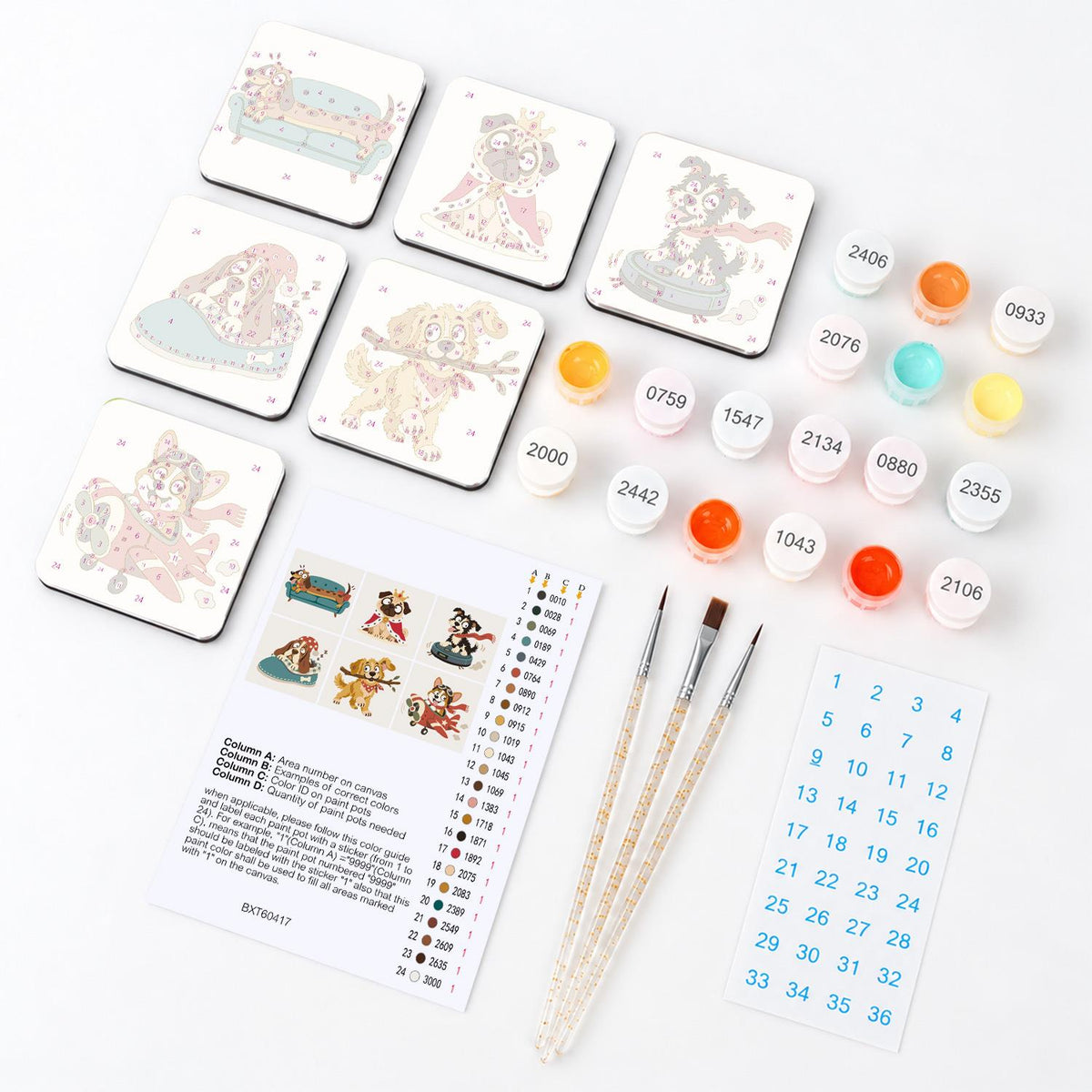 Mischievous Dog Daydreams fridge magnets – what's in the kit: the 6 magnet tiles, numbered paints, brushes, layout sheet and stickers