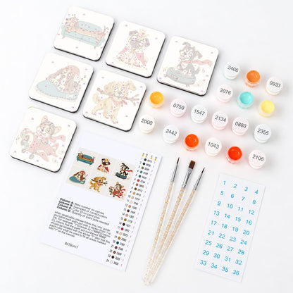 Mischievous Dog Daydreams fridge magnets – what's in the kit: the 6 magnet tiles, numbered paints, brushes, layout sheet and stickers