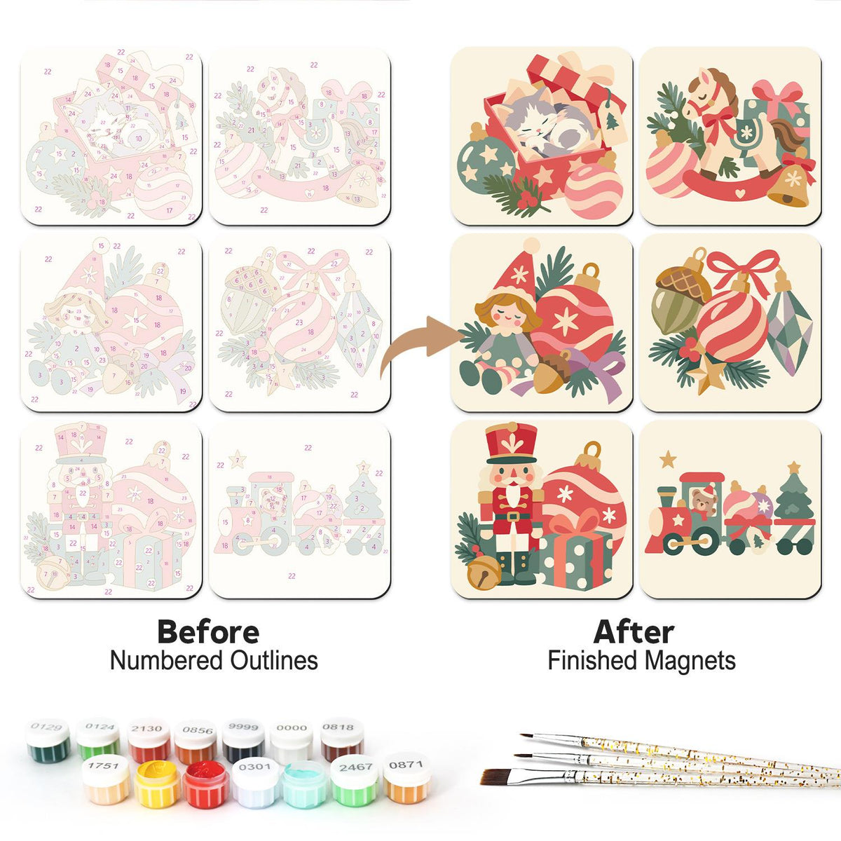 Vintage Toy and Bauble Christmas fridge magnets – Six pastel vintage Christmas designs: kitten in a gift box, rocking horse, doll, baubles, nutcracker and toy train