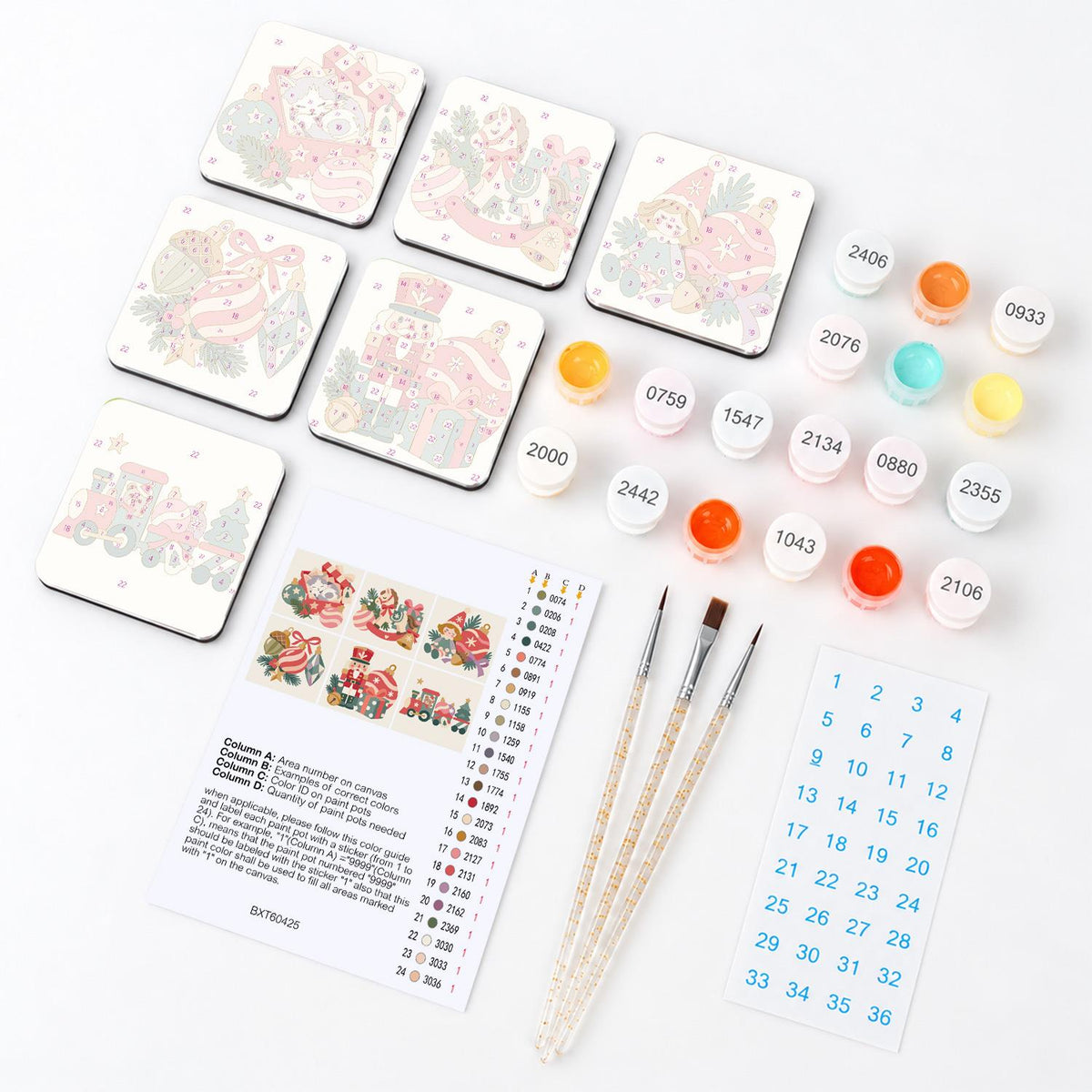 Vintage Toy and Bauble Christmas fridge magnets – what's in the kit: the 6 magnet tiles, numbered paints, brushes, layout sheet and stickers