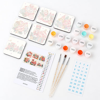 Vintage Toy and Bauble Christmas fridge magnets – what's in the kit: the 6 magnet tiles, numbered paints, brushes, layout sheet and stickers