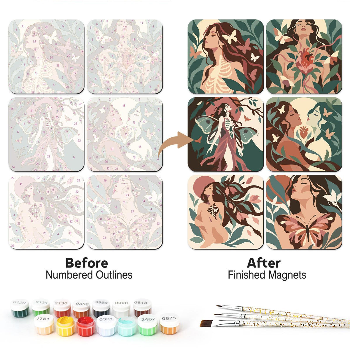 Moth-Winged Botanical Muses fridge magnets – Six women with flowing hair among dark green leaves, moths, butterflies and flowers, one with a ribcage motif