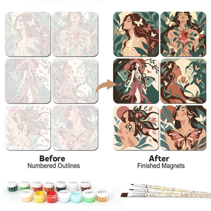 Moth-Winged Botanical Muses fridge magnets – Six women with flowing hair among dark green leaves, moths, butterflies and flowers, one with a ribcage motif