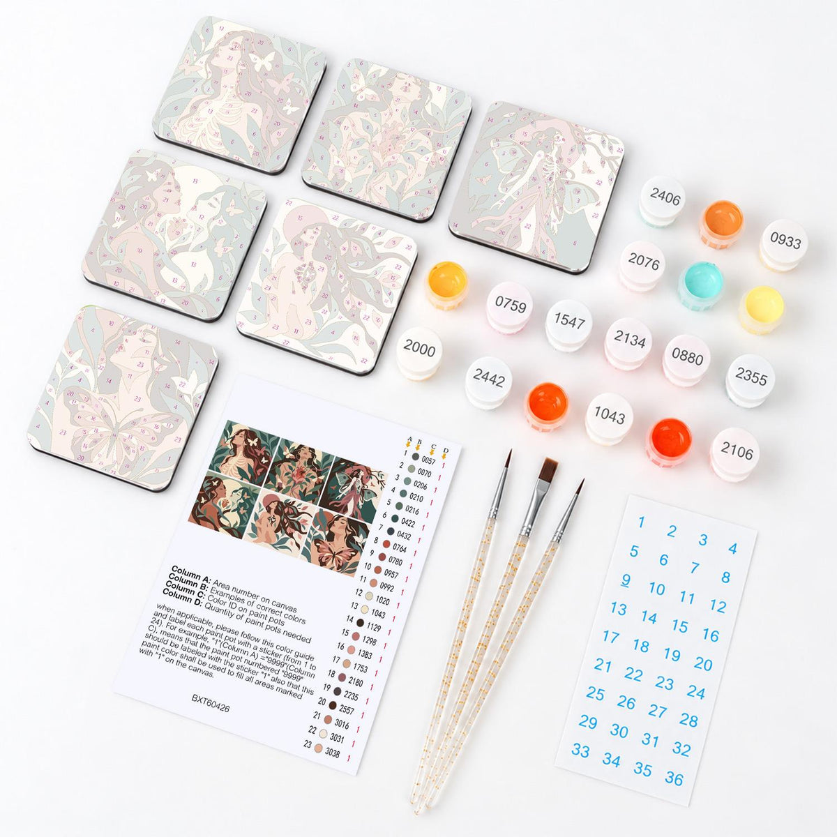 Moth-Winged Botanical Muses fridge magnets – what's in the kit: the 6 magnet tiles, numbered paints, brushes, layout sheet and stickers