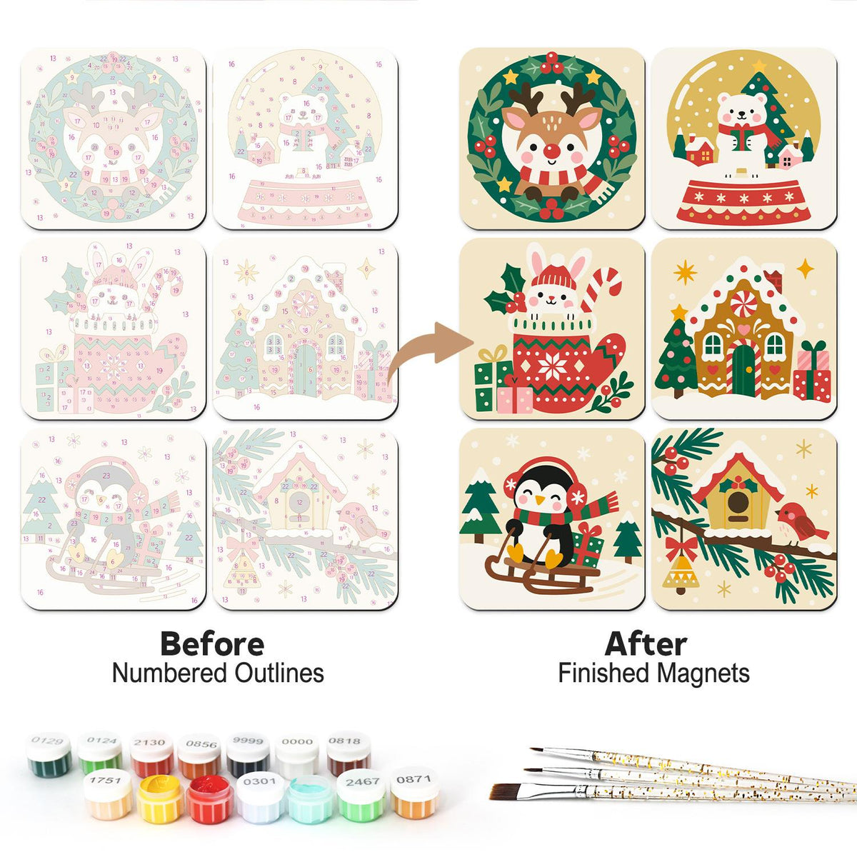 Snow Globe and Stocking Cheer fridge magnets – Reindeer wreath, polar bear snow globe, bunny in a stocking, gingerbread house, sledding penguin and birdhouse