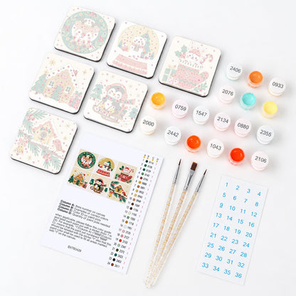 Snow Globe and Stocking Cheer fridge magnets – what's in the kit: the 6 magnet tiles, numbered paints, brushes, layout sheet and stickers