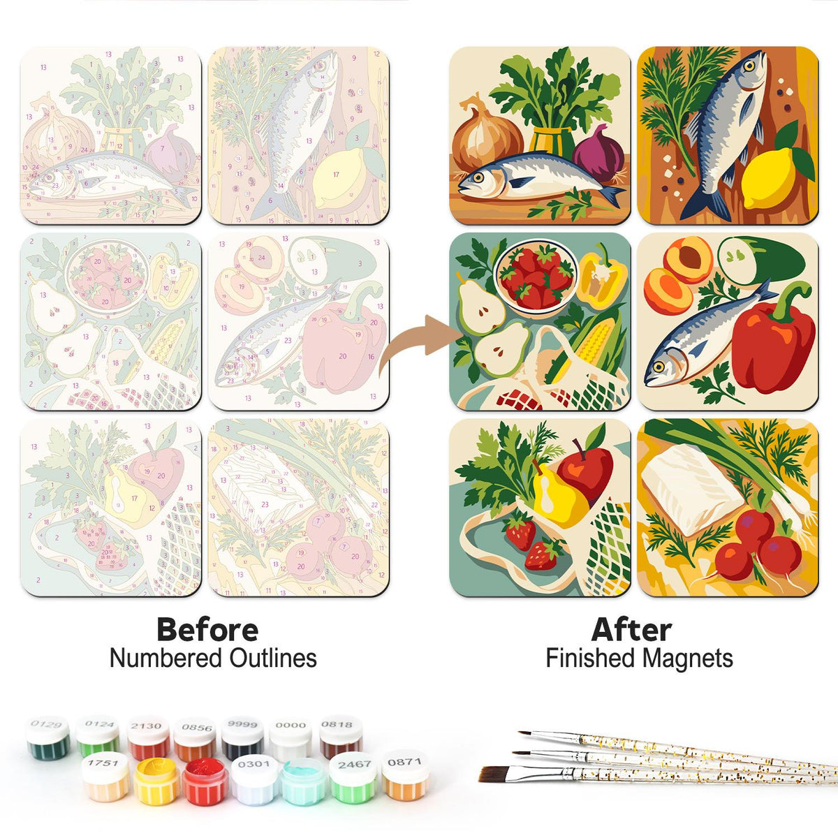 Catch of the Day Kitchen fridge magnets – Six market still lifes: fish with onions, herbs and lemon, strawberries, pear and corn, peppers and radishes