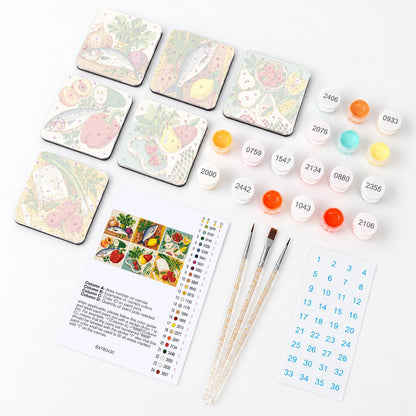 Catch of the Day Kitchen fridge magnets – what's in the kit: the 6 magnet tiles, numbered paints, brushes, layout sheet and stickers