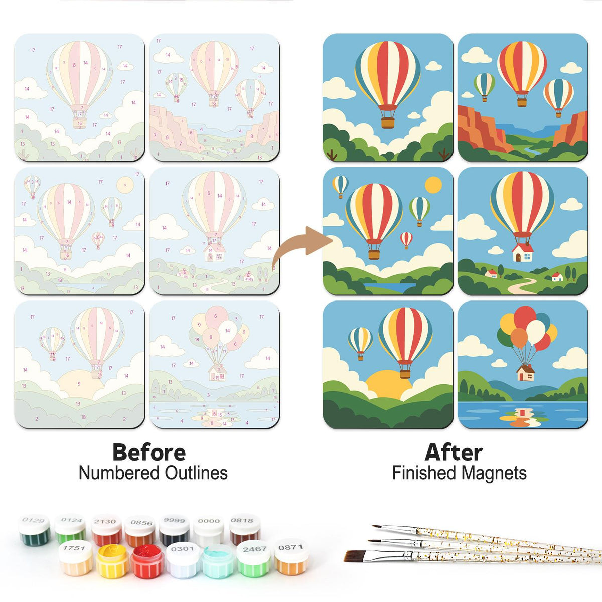 Balloon Rides Over the Valley fridge magnets – Six striped hot air balloons over hills, a canyon, a river and a village, plus a house lifted by balloons
