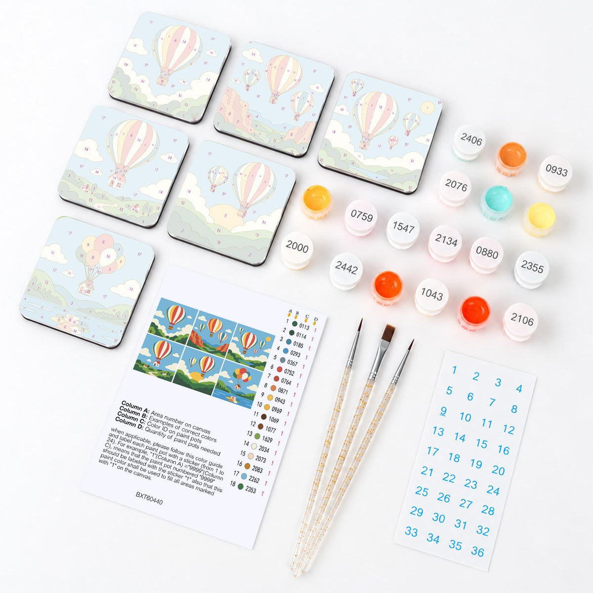 Balloon Rides Over the Valley fridge magnets – what's in the kit: the 6 magnet tiles, numbered paints, brushes, layout sheet and stickers