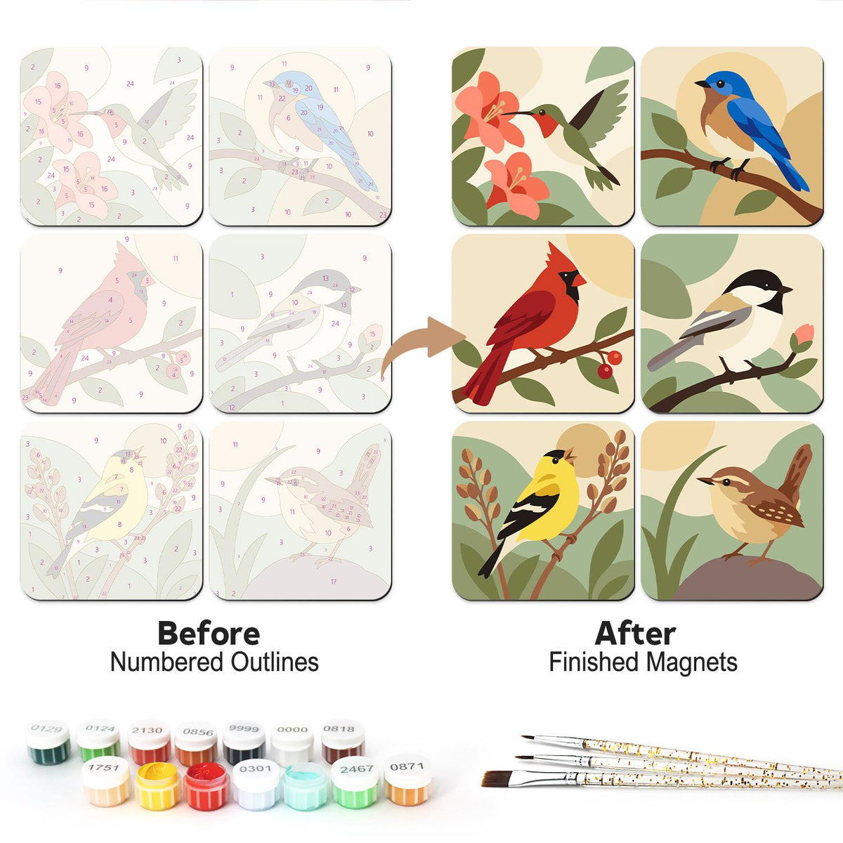 Cardinal and Bluebird Perches fridge magnets – Six garden birds on branches: hummingbird, bluebird, cardinal, chickadee, goldfinch and wren