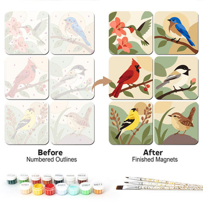 Cardinal and Bluebird Perches fridge magnets – Six garden birds on branches: hummingbird, bluebird, cardinal, chickadee, goldfinch and wren