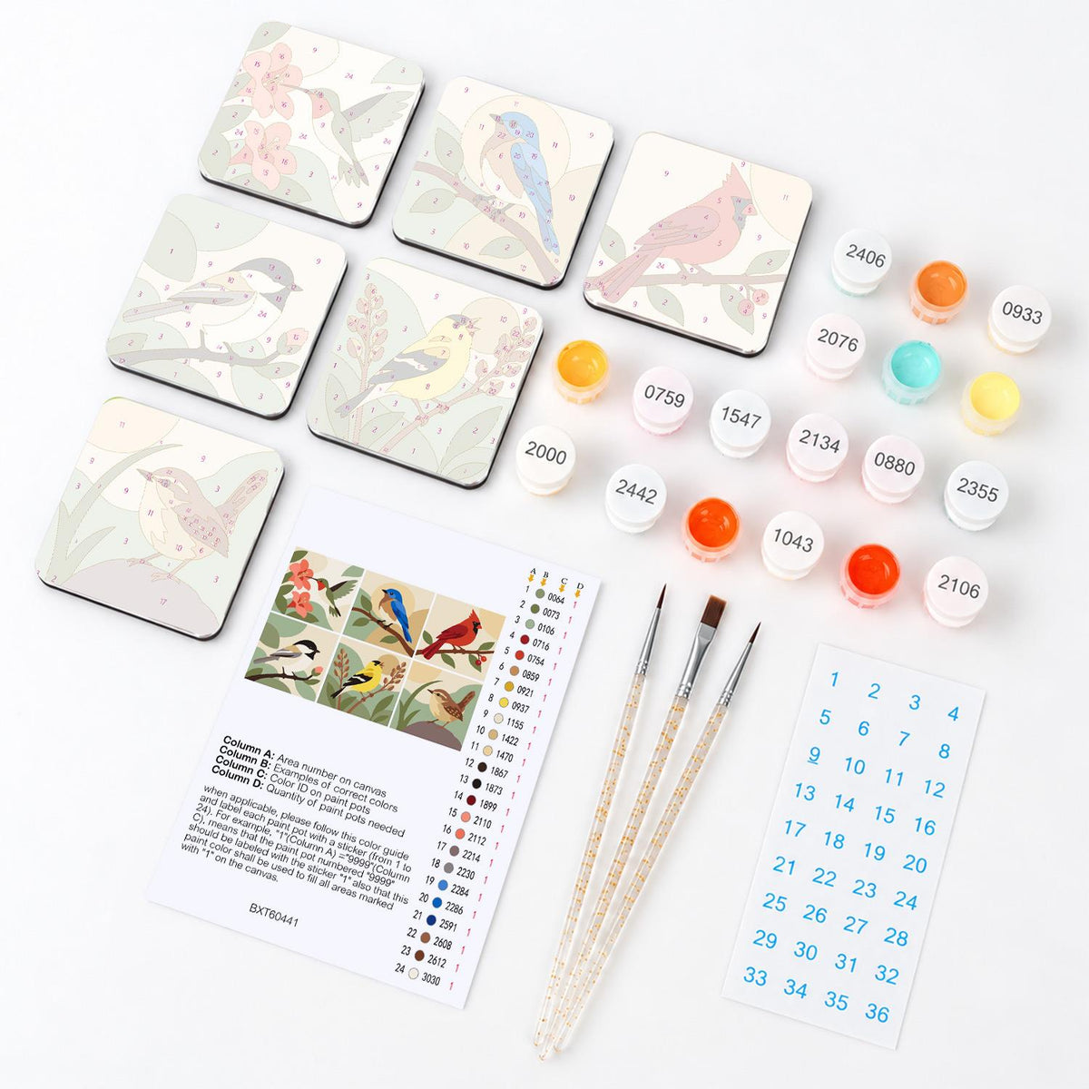 Cardinal and Bluebird Perches fridge magnets – what's in the kit: the 6 magnet tiles, numbered paints, brushes, layout sheet and stickers