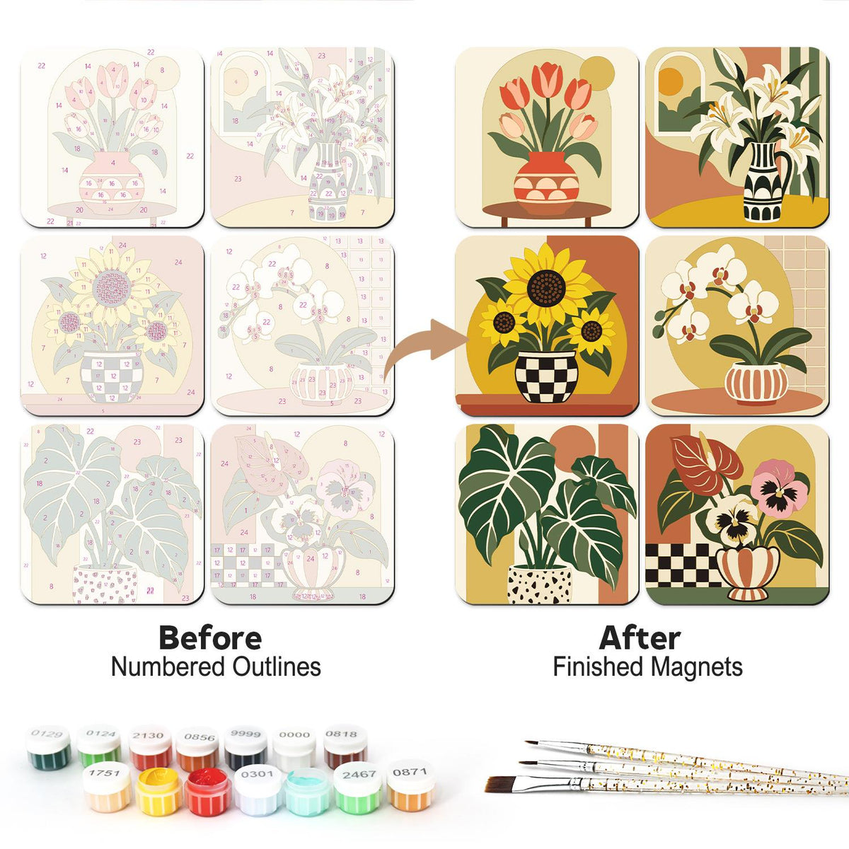 Sunflower and Orchid Pots fridge magnets – Six potted plants: tulips, lilies, sunflowers in a checked pot, orchid, leafy houseplant and pansies