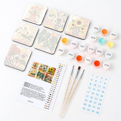 Sunflower and Orchid Pots fridge magnets – what's in the kit: the 6 magnet tiles, numbered paints, brushes, layout sheet and stickers