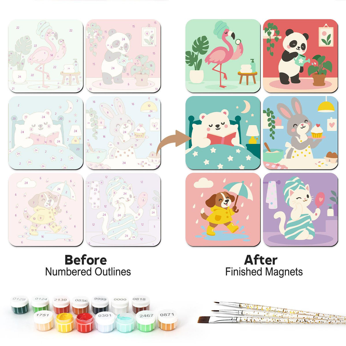Self-Care Sunday Critters fridge magnets – Six pastel animals at home: flamingo in a towel, panda gardening, bear in bed, bunny baking, rainy puppy, bath cat