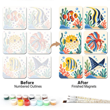 Coral Garden Tropical Fish fridge magnets – Six reef fish among coral: clownfish, angelfish, pufferfish, betta, striped butterflyfish and manta ray