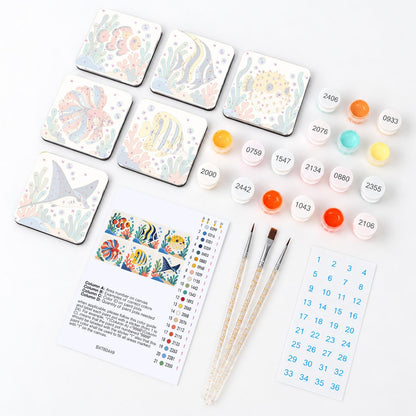 Coral Garden Tropical Fish fridge magnets – what's in the kit: the 6 magnet tiles, numbered paints, brushes, layout sheet and stickers