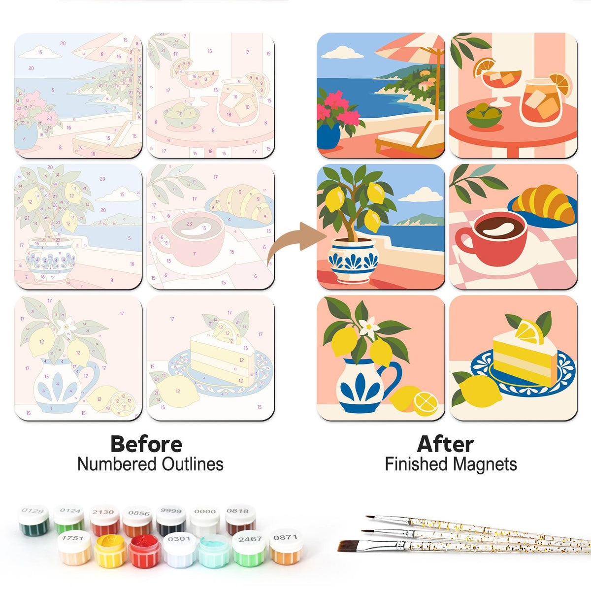 Lemon Tree Seaside Breakfast fridge magnets – Six Mediterranean still lifes: seaside terrace, spritz table, lemon tree, coffee and croissant, lemons, lemon cake