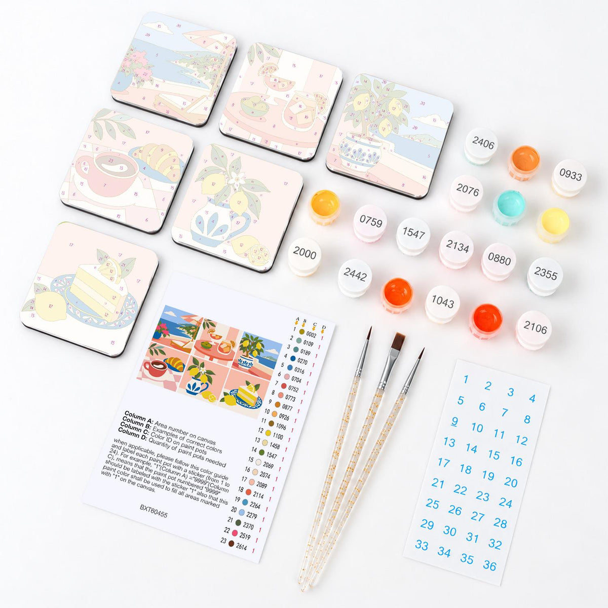 Lemon Tree Seaside Breakfast fridge magnets – what's in the kit: the 6 magnet tiles, numbered paints, brushes, layout sheet and stickers