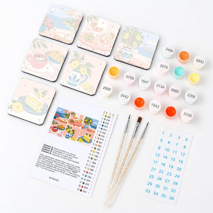 Lemon Tree Seaside Breakfast fridge magnets – what's in the kit: the 6 magnet tiles, numbered paints, brushes, layout sheet and stickers